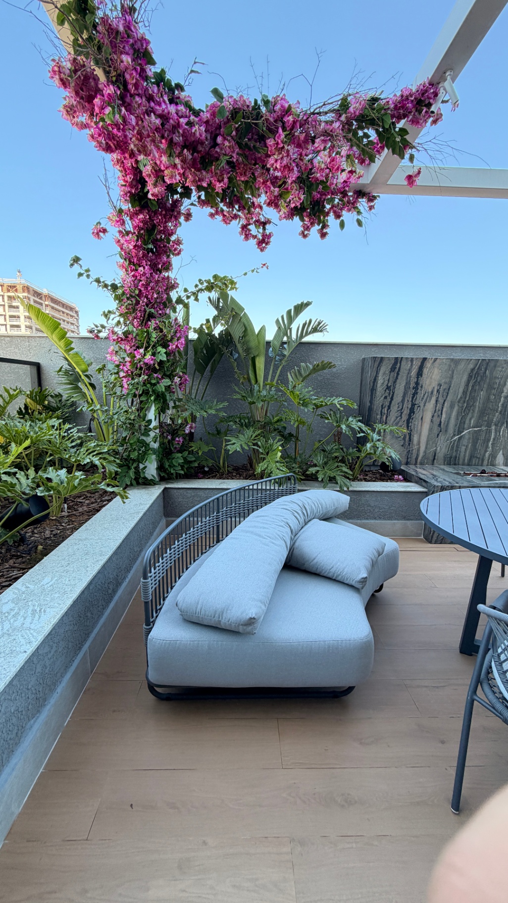 Terraço com pergolado florido e lounge ao ar livre